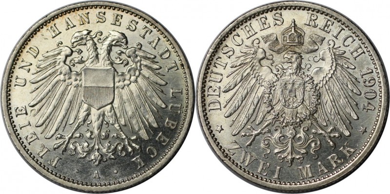 Deutsche Münzen und Medaillen ab 1871, REICHSSILBERMÜNZEN, Lübeck. 2 Mark 1904 A...