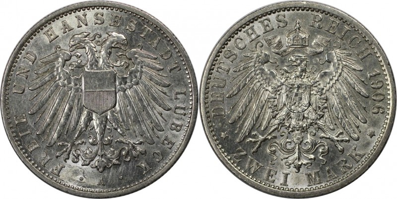 Deutsche Münzen und Medaillen ab 1871, REICHSSILBERMÜNZEN, Lübeck. 2 Mark 1906 A...