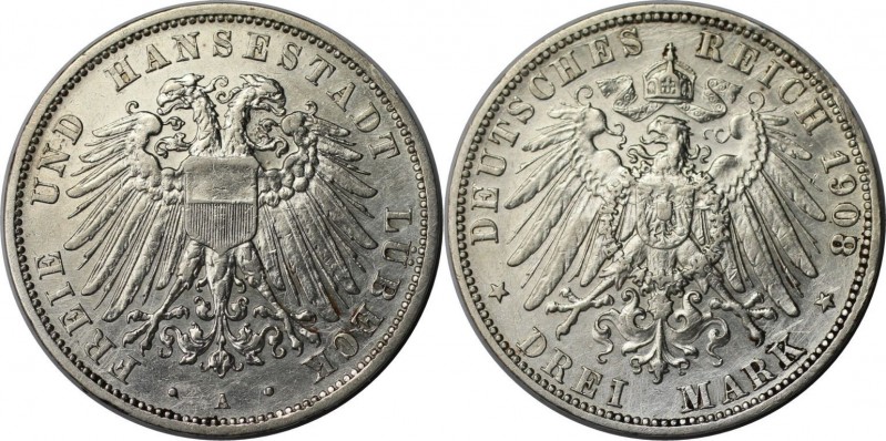 Deutsche Münzen und Medaillen ab 1871, REICHSSILBERMÜNZEN, Lübeck. 3 Mark 1908 A...