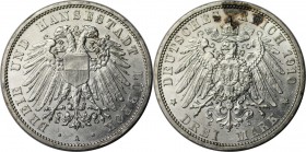 Deutsche Münzen und Medaillen ab 1871, REICHSSILBERMÜNZEN, Lübeck. 3 Mark 1910 A. Silber. Jaeger 82. Vorzüglich-stempelglanz, Flecken