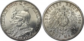 Deutsche Münzen und Medaillen ab 1871, REICHSSILBERMÜNZEN, Preußen. Wilhelm II. (1888-1918). 5 Mark 1901, 200 Jahre Königreich. Silber. Jaeger 106. St...