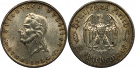Deutsche Münzen und Medaillen ab 1871, 3. REICH 1933-1945. Friedrich Schiller. 2 Reichsmark 1934 F, zum 175. Geburtstag von Friedrich von Schiller Sil...