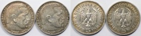 Deutsche Münzen und Medaillen ab 1871, 3. REICH 1933-1945. Paul von Hindenburg. 2 x 5 Reichsmark 1936 D. Silber. Jaeger 360. Lot von 2 Münzen. Bild an...