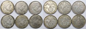 Deutsche Münzen und Medaillen ab 1871, 3. REICH 1933-1945. Paul von Hindenburg. 6 x 2 Reichsmark 1937-1939. Silber. Lot von 6 Münzen. Bild ansehen Lot...