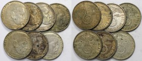 Deutsche Münzen und Medaillen ab 1871, LOTS UND SAMMLUNGEN. 3. REICH 1933-1945. Paul von Hindenburg. 7 x 2 Reichsmark 1937-1939. Lot von 7 Münzen. Sil...
