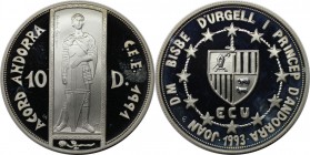 Europäische Münzen und Medaillen, Andorra. Europäische Union - St. Georg. 10 Diners 1993, Silber. KM 89. Polierte Platte