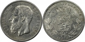 Europäische Münzen und Medaillen, Belgien / Belgium. Leopold II. (1865-1909). 5 Francs 1873. Silber. KM 24. Vorzüglich-stempelglanz. Kratzer