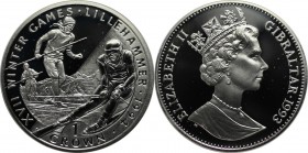 Europäische Münzen und Medaillen, Gibraltar. Skifahrer - Winterolympiadeose. 1 Crown 1993. 28,28 g. 0.925 Silber. 0.84 OZ. KM 148a. Polierte Platte