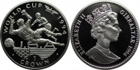 Europäische Münzen und Medaillen, Gibraltar. Fußball Weltmeisterschaft. 1 Crown 1994. 28,28 g. 0.925 Silber. 0.84 OZ. KM 229a. Polierte Platte