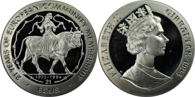 Europäische Münzen und Medaillen, Gibraltar. Europa auf dem Stier. 21 Ecus 1994....