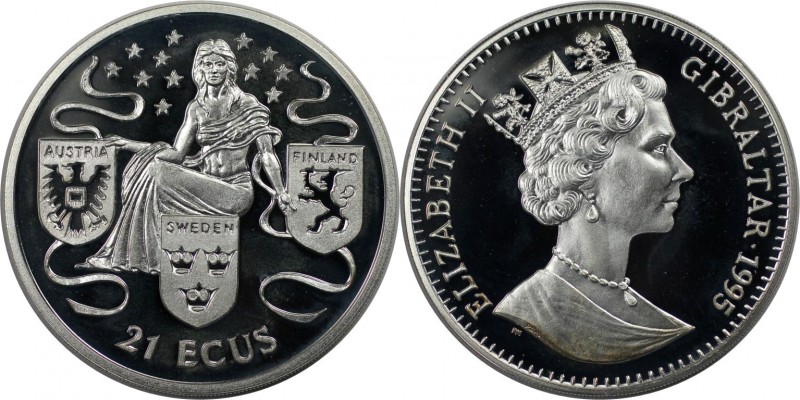 Europäische Münzen und Medaillen, Gibraltar. Europa umrahmt von drei Länderwappe...