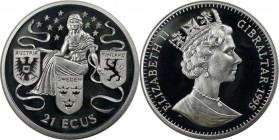 Europäische Münzen und Medaillen, Gibraltar. Europa umrahmt von drei Länderwappen. 21 Ecus 1995. 19,20 g. 0.925 Silber. 0.57 OZ. KM 498. Polierte Plat...