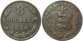 Europäische Münzen und Medaillen, Großbritannien / Vereinigtes Königreich / UK / United Kingdom. Guernsey Münze. 8 Doubles 1834. Kupfer. KM 3. Sehr sc...