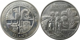 Europäische Münzen und Medaillen, Island / Iceland. 1100 Jahre Erstbesiedlung. 1000 Kronur 1974. 30,0 g. 0.925 Silber. 0.89 OZ. KM 21. Stempelglanz