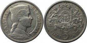 Europäische Münzen und Medaillen, Lettland / Latvia. 5 Lati 1929. Silber. KM 9. Fast Vorzüglich