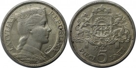 Europäische Münzen und Medaillen, Lettland / Latvia. 5 Lati 1931. Silber. KM 9. Fast Vorzüglich
