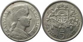Europäische Münzen und Medaillen, Lettland / Latvia. 5 Lati 1932. Silber. KM 9. Fast Vorzüglich