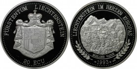 Europäische Münzen und Medaillen, Liechtenstein. Schloß Vaduz. 20 Ecu 1993. 31,10 g. 0.999 Silber. 1 OZ. KM X# 22. Polierte Platte