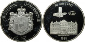Europäische Münzen und Medaillen, Liechtenstein. 50 Jahre UNO. 20 Ecu 1995. Silber. Polierte Platte