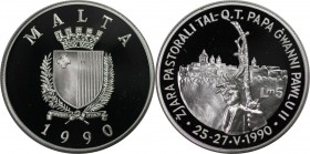 Europäische Münzen und Medaillen, Malta. Papstbesuch. Papst Johannes Paul II. 5 Liri 1990. 28,60 g. 0.925 Silber. 0.85 OZ. KM 90. Polierte Platte