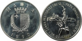 Europäische Münzen und Medaillen, Malta. Papstbesuch. Papst Johannes Paul II. 5 Liri 1990. 28,60 g. 0.925 Silber. 0.85 OZ. KM 90. Stempelglanz