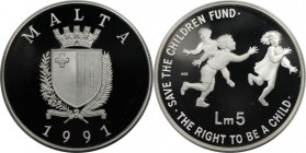 Europäische Münzen und Medaillen, Malta. Kinderfonds. 5 Liri 1991. 28,28 g. 0.925 Silber. 0.84 OZ. KM 92. Polierte Platte