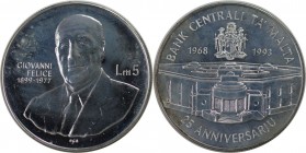 Europäische Münzen und Medaillen, Malta. 25. Jahrestag der Zentralbank. 5 Liri ND (1993). 28,28 g. 0.925 Silber. 0.84 OZ. KM 102. Stempelglanz
