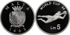 Europäische Münzen und Medaillen, Malta. XV. Fussball-Weltmeisterschaft 1994 in den USA. 5 Liri 1993. 28,28 g. 0.925 Silber. 0.84 OZ. KM 107. Polierte...