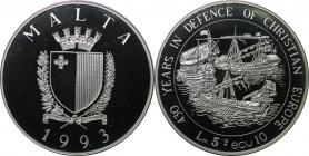 Europäische Münzen und Medaillen, Malta. Drei Schiffe. 5 Liri (10 Ecu) 1993. 25,0 g. 0.925 Silber. 0.74 OZ. KM 104. Polierte Platte