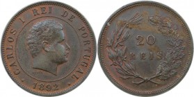 Europäische Münzen und Medaillen, Carlos I. Portugal. 20 Reis 1892. Bronze. KM 533. Vorzüglich