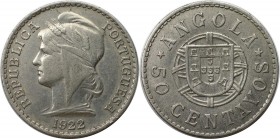 Europäische Münzen und Medaillen, Portugal. PORTUGIESISCHE BESITZUNGEN. ANGOLA. 50 Centavos 1922. Nickel. KM 65. Sehr schön-vorzüglich