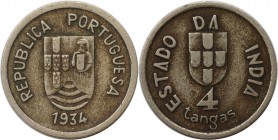 Europäische Münzen und Medaillen, Portugal. PORTUGIESISCHE BESITZUNGEN. India-Portuguese. 4 Tangas 1934. Kupfer-Nickel. KM 21. Sehr schön-vorzüglich...
