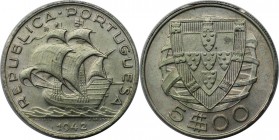 Europäische Münzen und Medaillen, Portugal. 5 Escudos 1942. Silber. KM 581. Fast Stempelglanz
