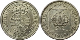 Europäische Münzen und Medaillen, Portugal. PORTUGIESISCHE BESITZUNGEN. MOZAMBIQUE. 5 Escudos 1949. Silber.KM 69. Stempelglanz