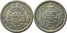 Europäische Münzen und Medaillen, Portugal. PORTUGIESISCHE BESITZUNGEN. SAINT THOMAS & PRINCE ISLANDS. 5 Escudos 1951. Silber. KM 13. Fast Stempelglan...