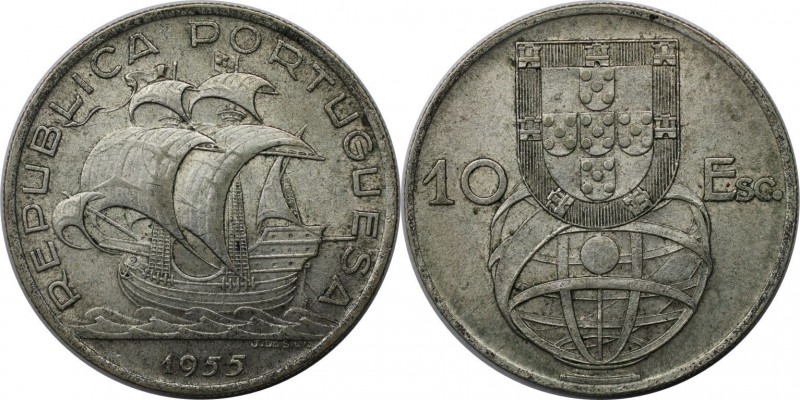 Europäische Münzen und Medaillen, Portugal. 10 Escudos 1955. Silber. KM 586. Vor...