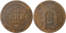 Europäische Münzen und Medaillen, Schweden / Sweden. Oskar II. (1872-1907). 5 Öre 1882/81. Kupfer. KM 736. Sehr schön, Kl.Kratzer