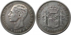 Europäische Münzen und Medaillen, Spanien / Spain. Alfonso XII. (1874-1885). 5 Pesetas 1877 DE - M. Silber. KM 676. Sehr schön-vorzüglich