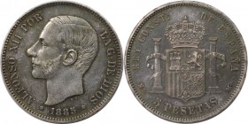 Europäische Münzen und Medaillen, Spanien / Spain. Alfonso XII. (1874-1885). 5 Pesetas 1885 MS - M. Silber. KM 688. Sehr schön+