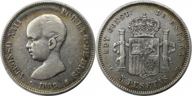 Europäische Münzen und Medaillen, Spanien / Spain. Alfonso XIII. 5 Pesetas 1889 MP - M. Silber. KM 689. Sehr schön+