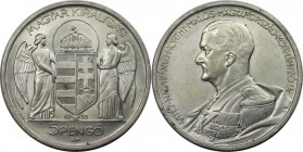 Europäische Münzen und Medaillen, Ungarn / Hungary. Admiral Horthy. 5 Pengö 1939. Silber. KM 517. Fast Stempelglanz