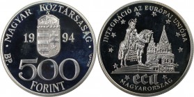 Europäische Münzen und Medaillen, Ungarn / Hungary. Euröpäische Integration. 500 Forint 1994. 31,46 g. 0.925 Silber. 0.94 OZ. KM 710. Polierte Platte...