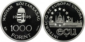 Europäische Münzen und Medaillen, Ungarn / Hungary. Europäische Union. 1000 Forint 1995. 31,46 g. 0.925 Silber. 0.94 OZ. KM 720. Polierte Platte