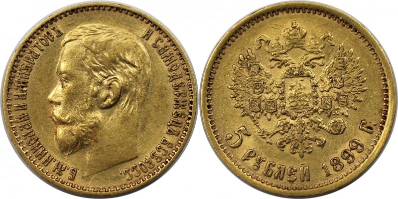 Russische Münzen und Medaillen, Nikolaus II. (1894-1918). 5 Rubel 1899 FZ. Gold....