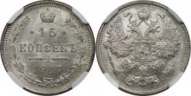 Russische Münzen und Medaillen, Nikolaus II. (1894-1918). 15 Kopeken 1917 BC. Silber. Bitkin 144 (R). NGC MS 64