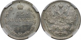 Russische Münzen und Medaillen, Nikolaus II. (1894-1918). 15 Kopeken 1917 BC. Silber. Bitkin 144 (R). NGC MS 65