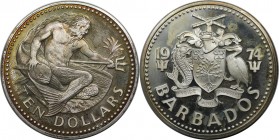 Weltmünzen und Medaillen, Barbados. Neptun. 10 Dollars 1974. 37,90 g. 0.925 Silber. 1.13 OZ. KM 17a. Polierte Platte