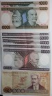 Banknoten, Brasilien / Brazil. 1000 Cruzeiros, 5000 Cruzeiros, 50 000 Cruzeiros ND (1981-86). 8 Stück. Pick 201, 202, 204. UNZ, IV