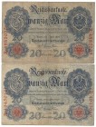 Banknoten, Deutschland / Germany. Reichsbanknoten und Reichskassenscheine (1874-1914). 2 x 20 Mark Reichsbanknote 8.6.1907. Pick: 28, Ro: 28. 2 Stück....
