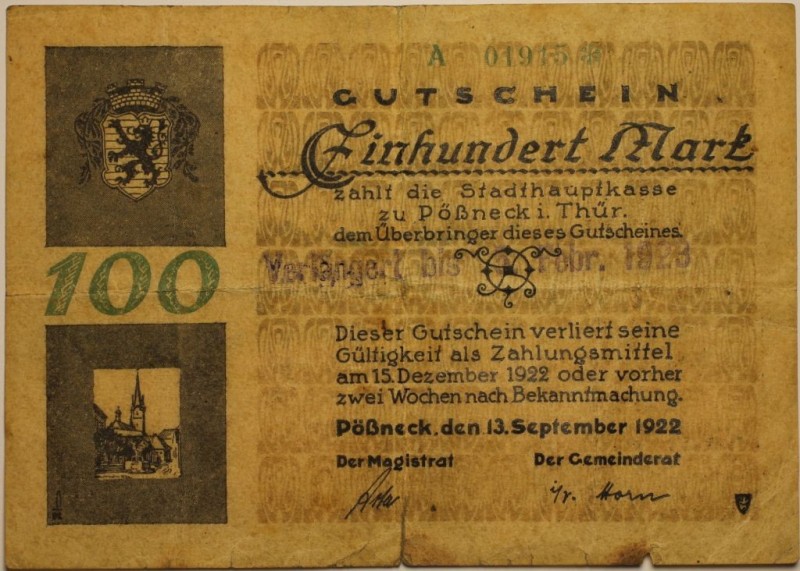 Banknoten, Deutschland / Germany. Notgeld Thüringen Pößneck. 100 Mark 1922. Müll...